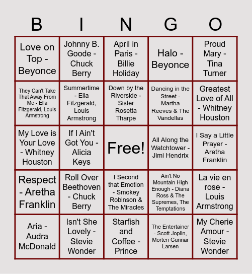 Black Music Appreciation Listen & Learn Bingo Card