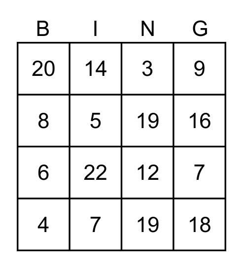 Only number Bingo Card