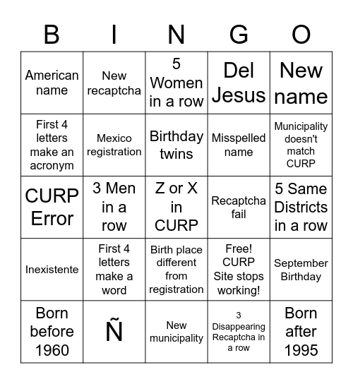 CURP BINGO Card