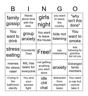 In Laws Visit Bingo Card