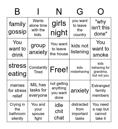 In Laws Visit Bingo Card