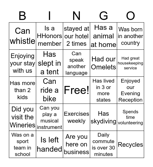 Embassy Suites Bingo Card
