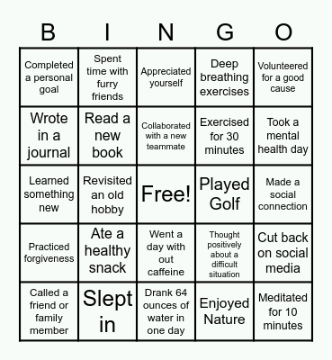 Mental Heath Bingo Card