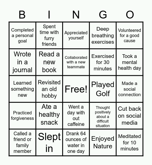 Mental Heath Bingo Card