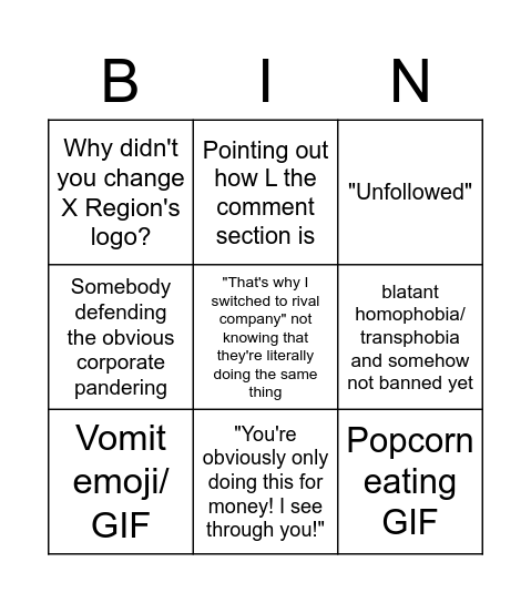 Corporate LGBTQ/Pride Month Tweet Replies Bingo Card