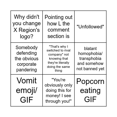 Corporate LGBTQ/Pride Month Tweet Replies Bingo Card