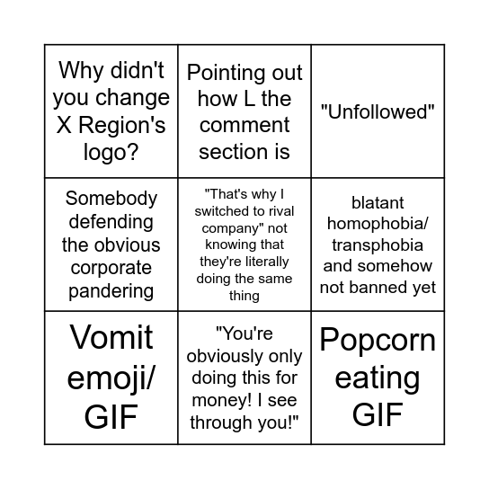 Corporate LGBTQ/Pride Month Tweet Replies Bingo Card