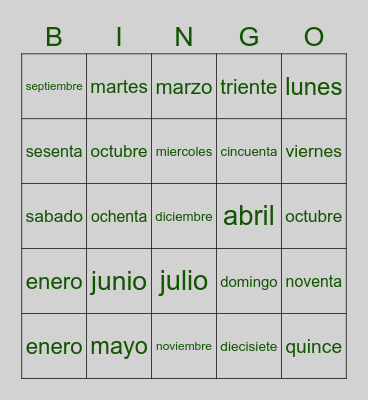 Numeros y Meses Bingo Card