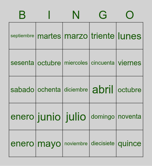 Numeros y Meses Bingo Card