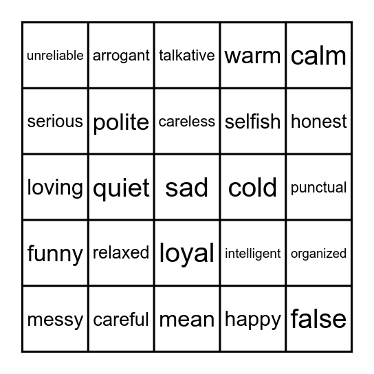 PERSONALITY Bingo Card