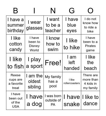 Getting to Know Me Bingo Card