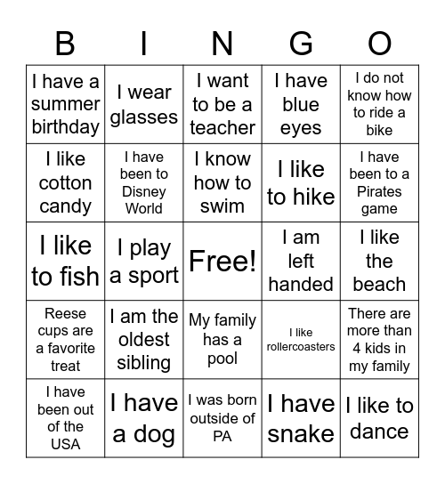 Getting to Know Me Bingo Card