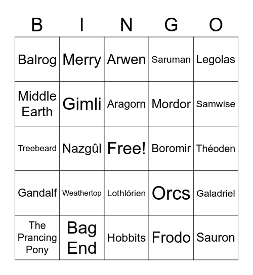 Lord of the Rings Bingo Card