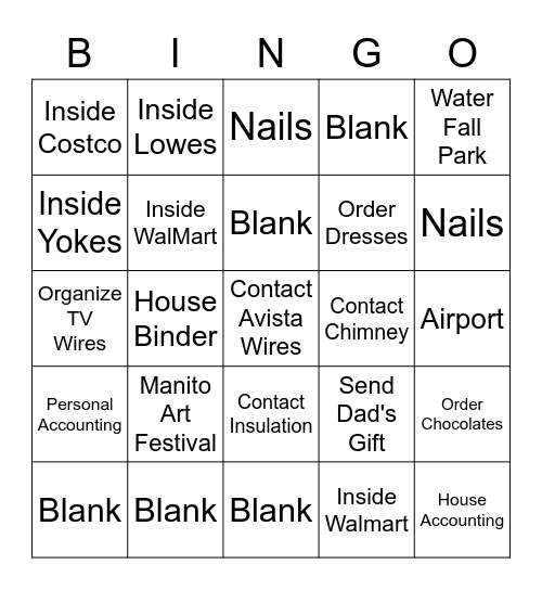 Going Out Bingo Card