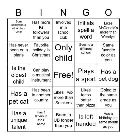 Youth Group Get to Know You Bingo Card
