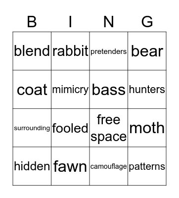 Animal Camouflage Bingo Card