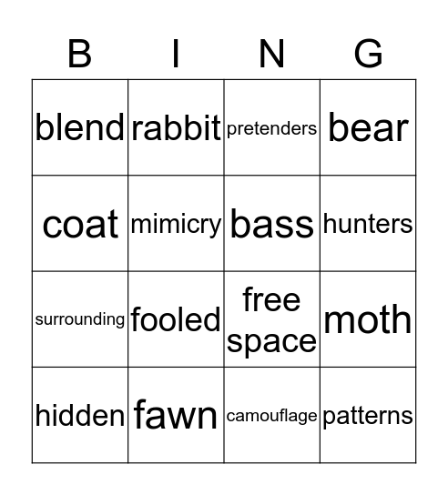 Animal Camouflage Bingo Card