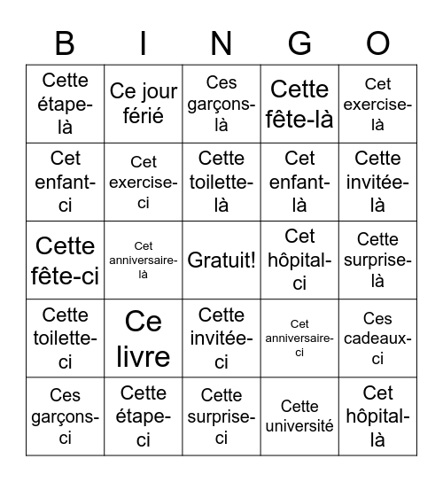 Adjectifs démonstratifs Bingo Card