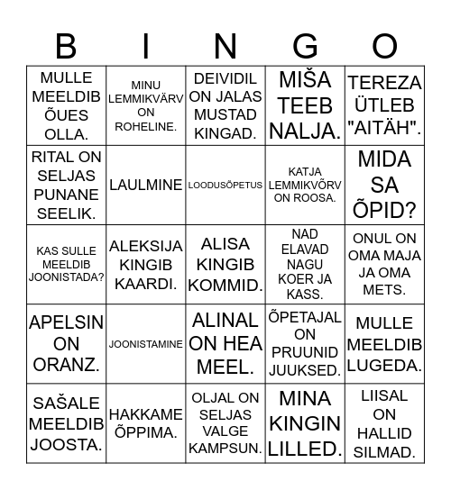 MINU PERE JA SÕBRAD Bingo Card