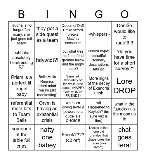 c3e60: Issylra here we come! time to get weird Bingo Card