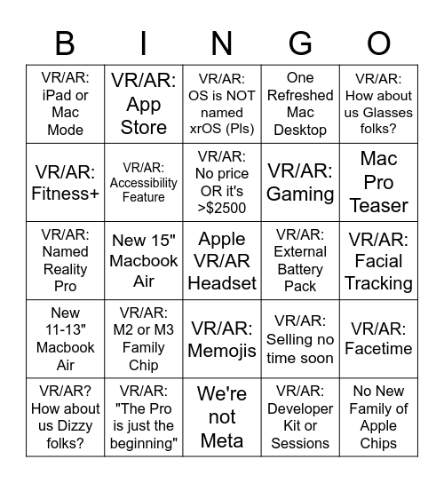 WWDC 2023 Bingo: Hardware Bingo Card