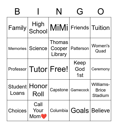 MiMi's Graduation Bingo Card