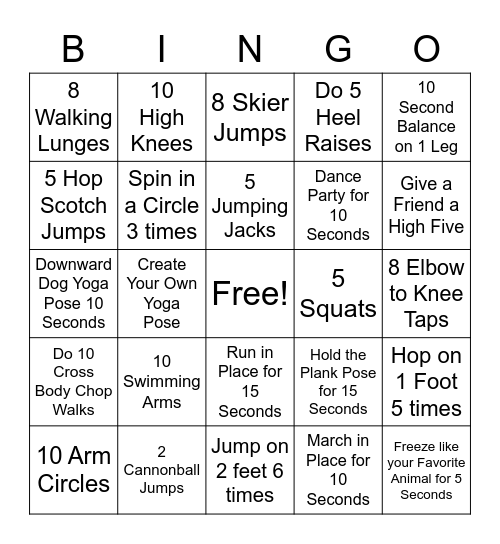 Summer Movement Bingo! Bingo Card