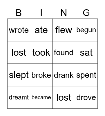 pst simple verbs Bingo Card
