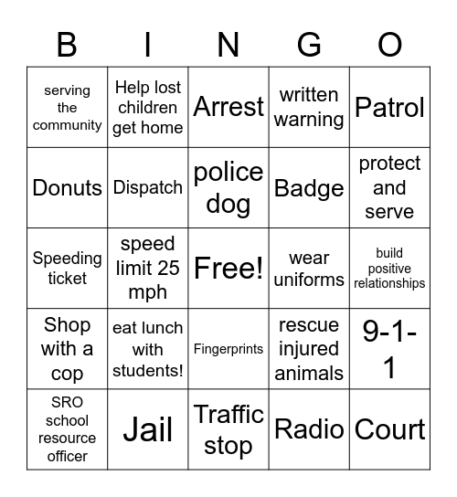 Police Officer Bingo Card