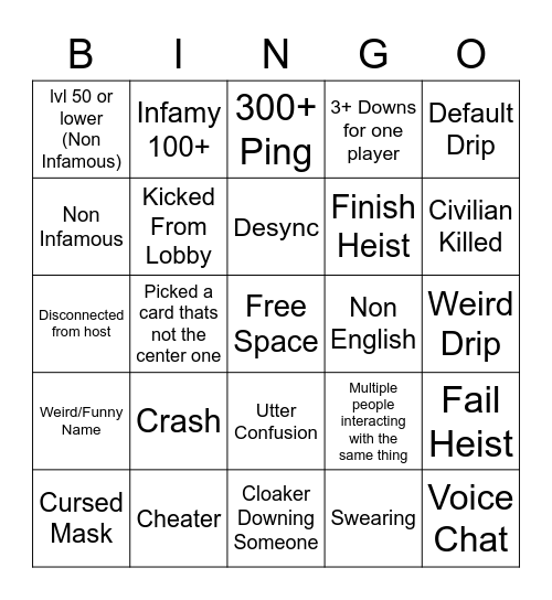 Payday 2 Bingo (Very Original) Bingo Card