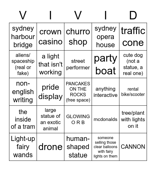 V I V I D Bingo Card