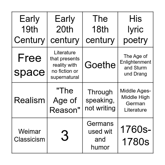 German Literature Bingo Card