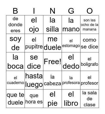 GREETINGS, PART OF THE BODY, SCHOOL SUPPLIES Bingo Card