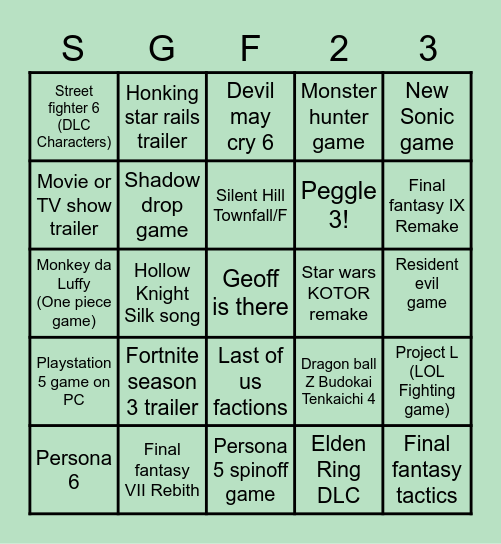 Summer Game Fest 2023 Bingo Card