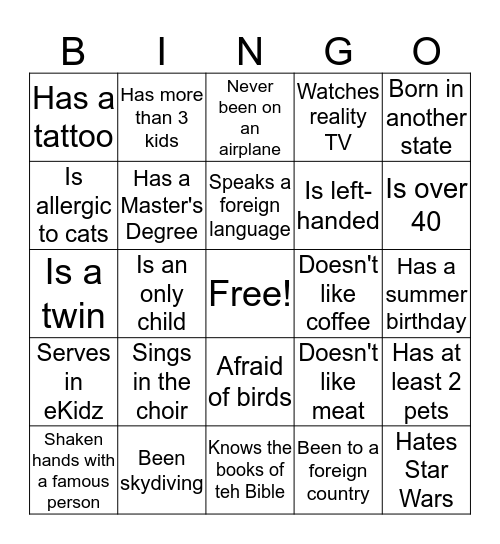Connect Group Bingo Card