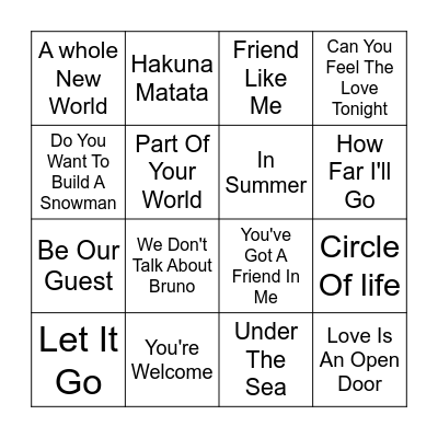 Disney Musical Bingo Card