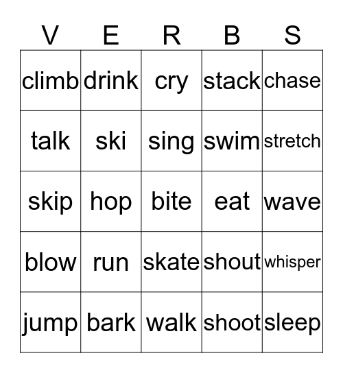 Action Bingo (verbs) Bingo Card