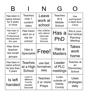 Teacher Bingo Card