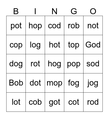 SHORT O Words Bingo Card
