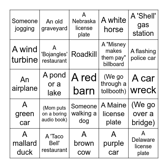 Car Ride Bingo! Bingo Card