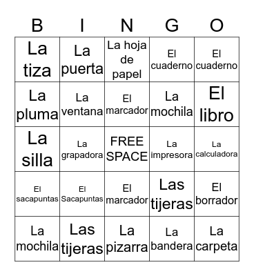 School Supplies  Bingo Card