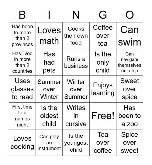 Game night Bingo Card