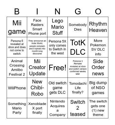 Nintendo June 2023 Bingo Card