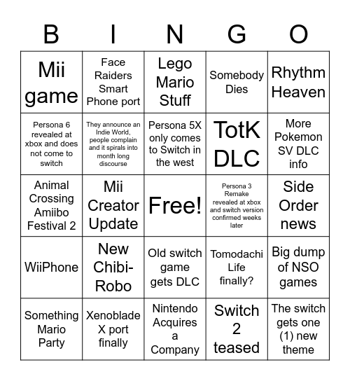 Nintendo June 2023 Bingo Card