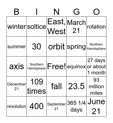 Sun, Earth, and Moon Bingo Card