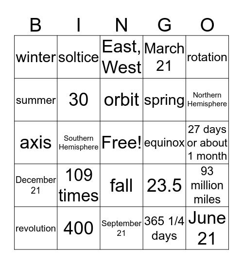 Sun, Earth, and Moon Bingo Card
