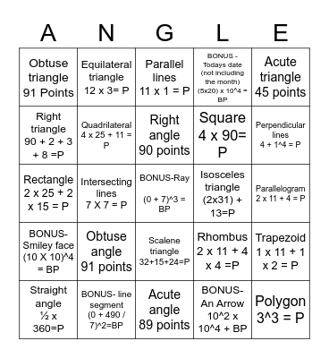 Geometry Relay Bingo Card