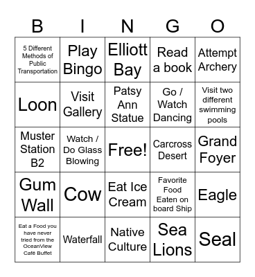 Alaska Cruise Bingo Card