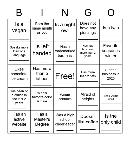 BET Icebreaker BINGO Card