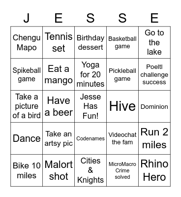 Jesse Turns 30 Bingo Card